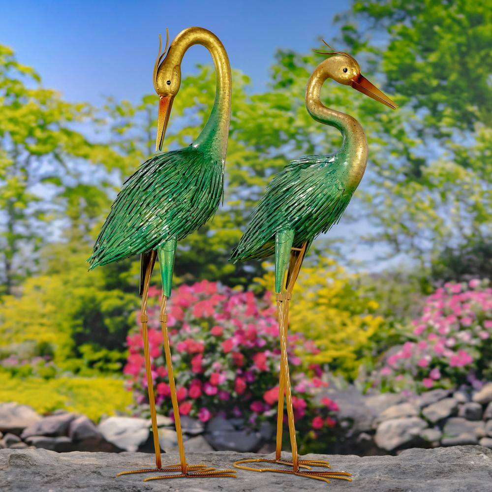Set of 2 Tall Turquoise and Gold Painted Heron Sculptures