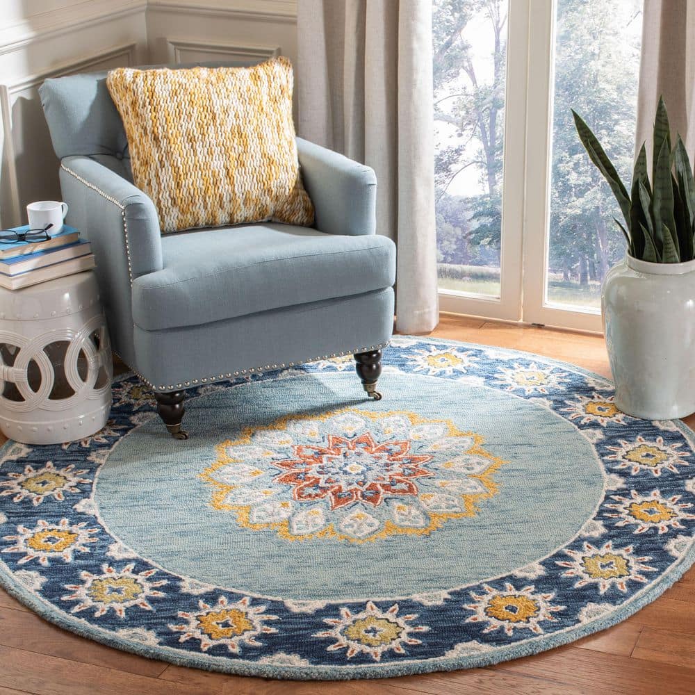 Blossom 6 ft. x 6 ft. Round Blue/Gold Floral Border Medallion Area Rug price history on PriceWatchPro
