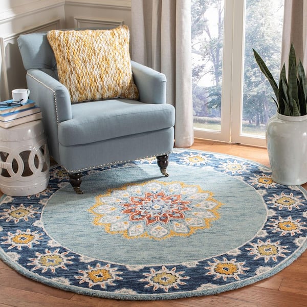Blossom 6 ft. x 6 ft. Round Blue/Gold Floral Border Medallion Area Rug
