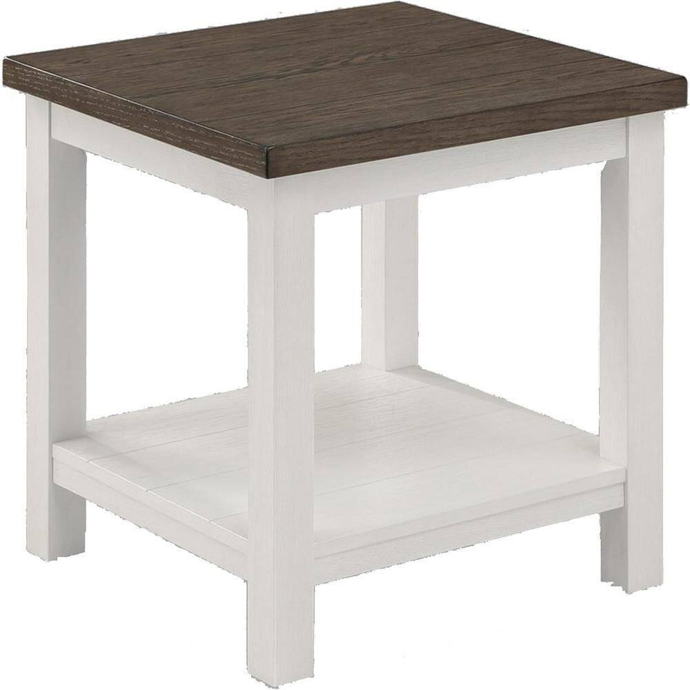 22 in. White and Brown Square Wood End Table, Sturdy Build End Side Table for Living Rooms
