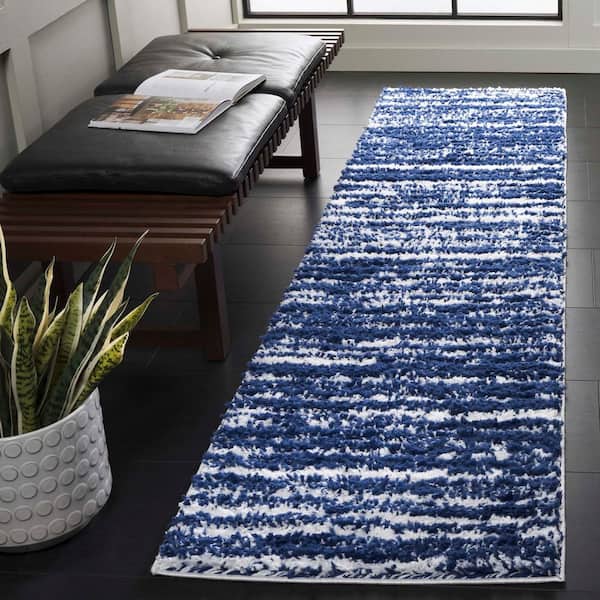 Rumi Shag 2 ft. x 8 ft. Navy/Ivory Abstract Striped Runner Rug