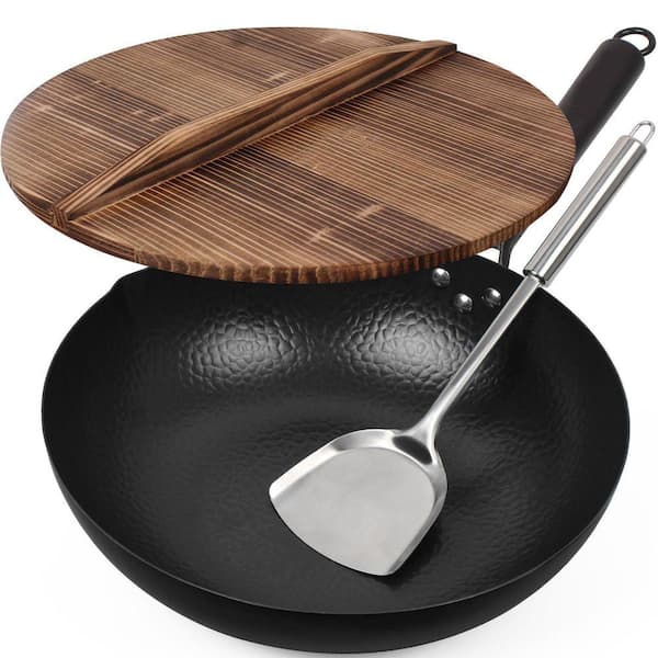 Carbon Steel Wok Set for Electric, Induction and Gas Stoves Pre-Seasoned Flat Bottom with Lid Spatula Guide