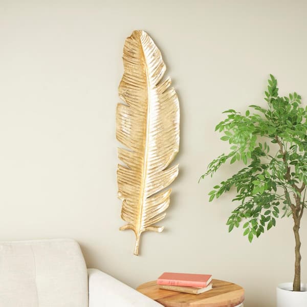 Litton Lane 14 in. x 47 in. Polystone Gold Large Metallic Feather Bird Wall Decor