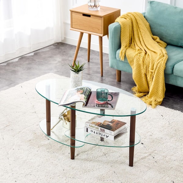 35.43 in. Modern Clear Oval Tempered Glass Coffee Table with 3-Tier Design & Brown Oak Wood Legs for Living Room