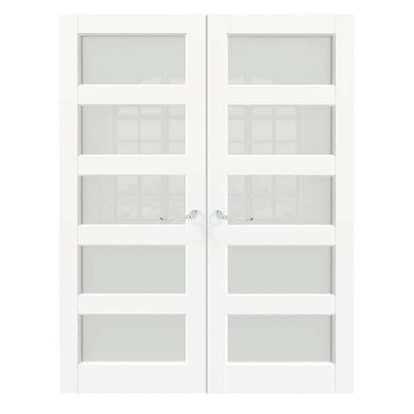 TENONER 64 in. x 80 in. MDF Composite, Primed, White, 5-Lite, Frosted Glass Interior Door Slab with Silver Curved Doorknob