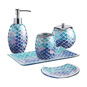 5-Piece Bathroom Accessory Set with Soap Dispenser, Tray, Jar, Toothbrush Holder in Brushed Nickel Blue Mosaic Glass