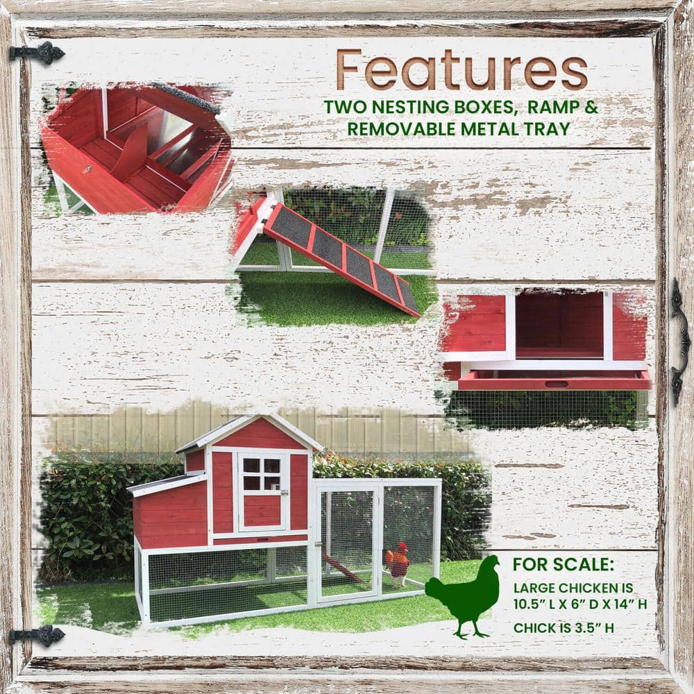 Red and White Elevated Wooden Chicken Coop with Mesh Run