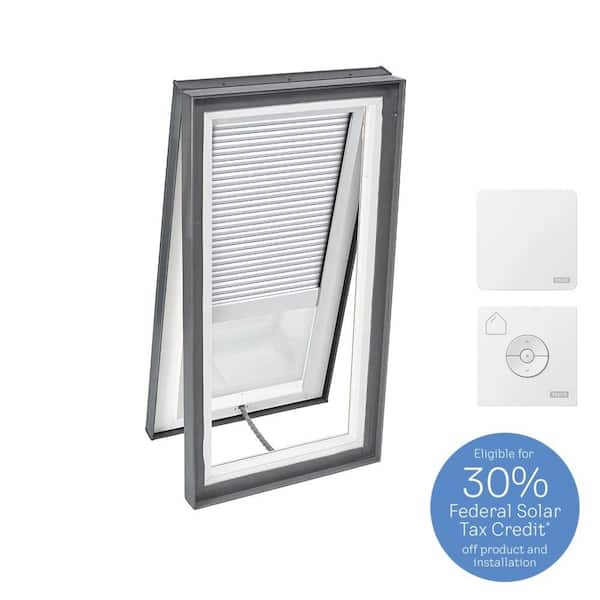 VELUX 22-1/2 in. x 34-1/2 in. Venting Curb Mount Skylight w/ Tempered Low-E3 Glass & White Solar Powered Room Darkening Blind
