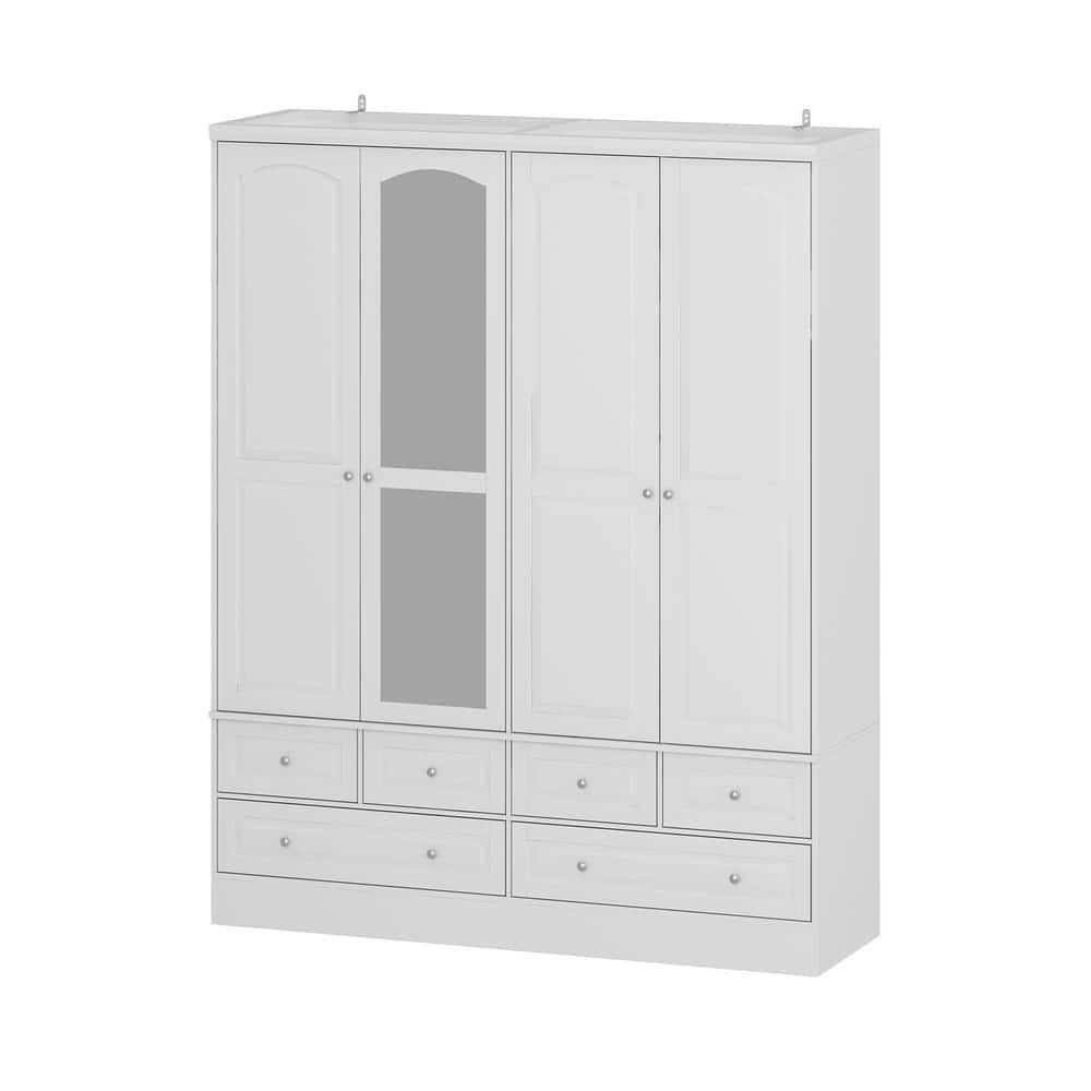 White Wood 63 in. W Big Wardrobe Armoires Mirror, Hanging Rods, Drawers, Adjustable Shelves, 78.7 in. H x 19.7 in. D - thumbnail 4