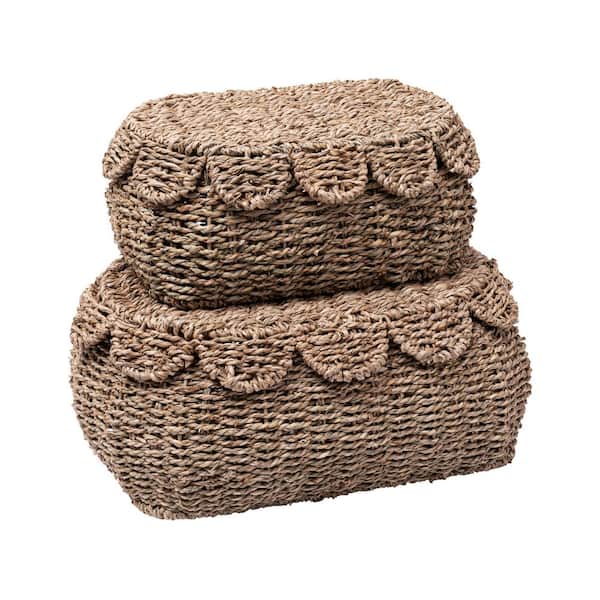 Unbranded Storage Series: Brown 10 in. x 14 in. x 6 in. Seagrass Rattan Hand Round Wicker Storage Decorative Basket (Set of 2)