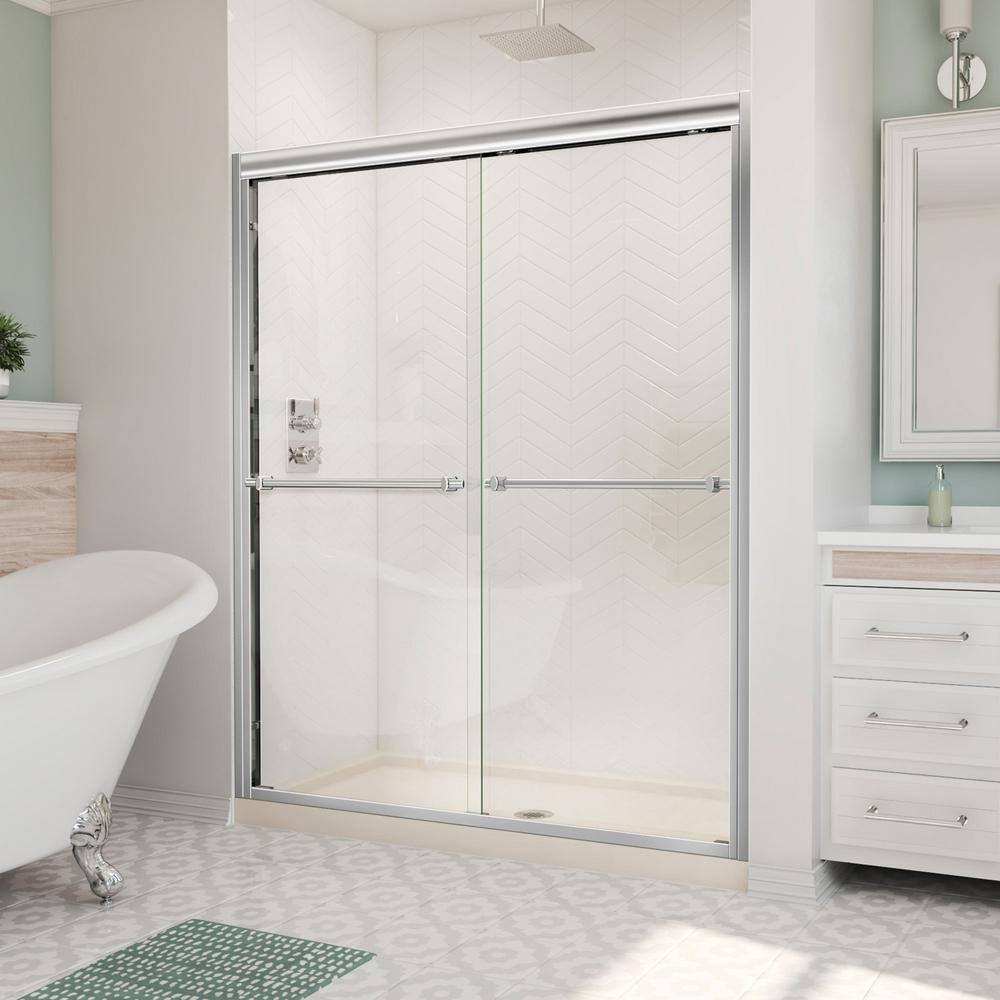Duet 34 in. D x 60 in. W x 74.75 in. H Semi-Frameless Sliding Shower Door in Brushed Nickel with Right Drain White Base price history on PriceWatchPro