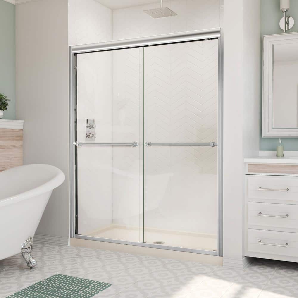 Duet 30 in. D x 60 in. W x 74.75 in. H Semi-Frameless Sliding Shower Door in Chrome with Center Drain Shower Base price history on PriceWatchPro