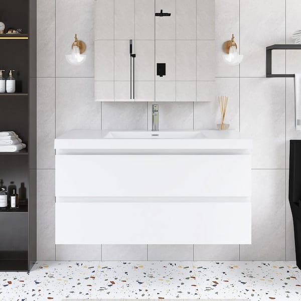 42 in. W x 19.5 in. D x 22.5 in. H Single Sink Wall-Mounted Bath Vanity in White with White Resin Top