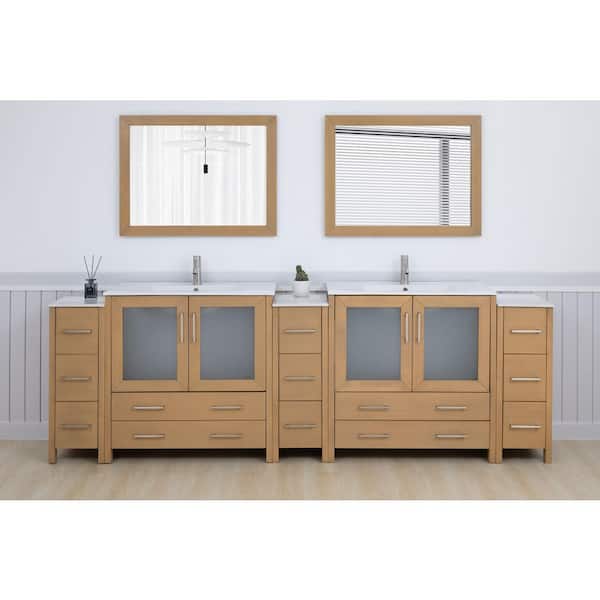 108 in. W x 18 in. D x 36 in. H Natural Oak Bath Vanity with White Ceramic Top and Mirror