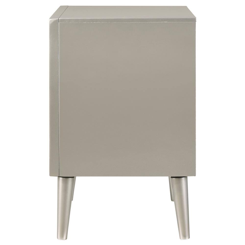Elegant Transitional 2-Drawer Nightstand in Metallic Silver with Tapered Legs