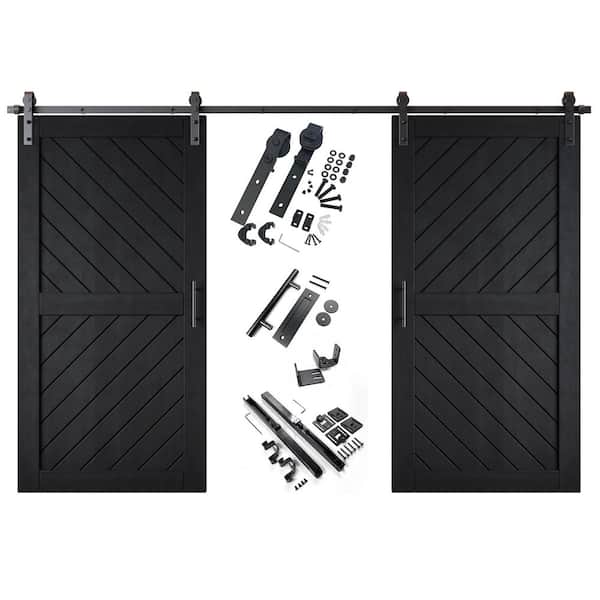 XT4 36 in. x 80 in. C-Panel Black Slanted Stripe Design Double Pine Wood Sliding Barn Door with Hardware Kit