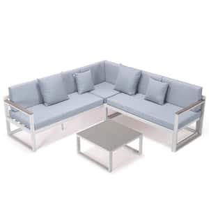 Chelsea White 3-Piece Aluminum Outdoor Patio Sectional Seating Set Adjustable Headrest & Table with Light Grey Cushions
