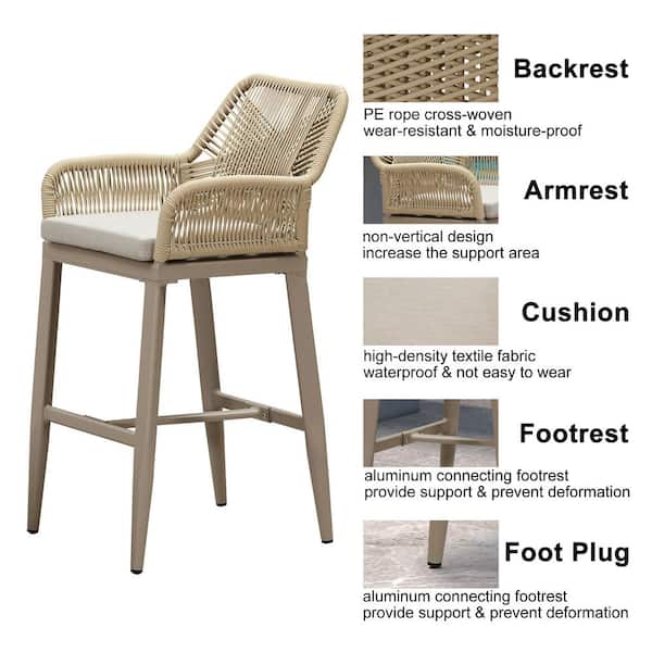 Modern Aluminum Rattan Bar Height Outdoor Bar Stool with Back and Beige Cushion (4-Pack)