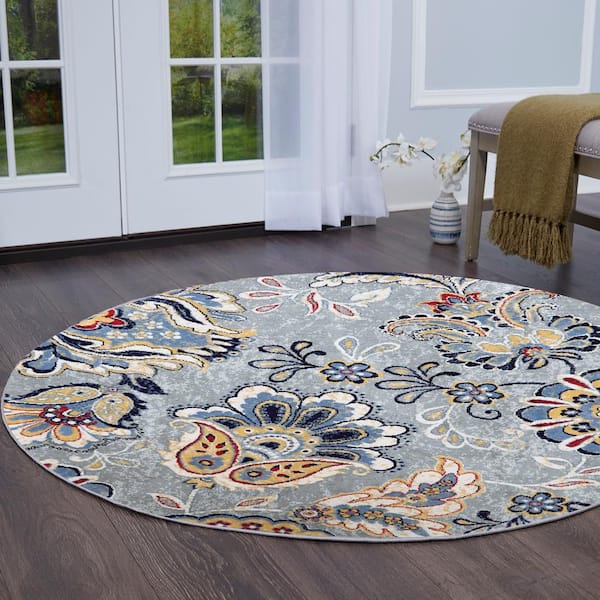 Tremont Grey/Red 8 ft. Round Floral Area Rug