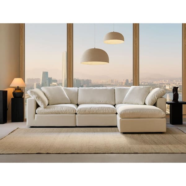 Modern 122in. Wide Square Arm Linen Fabric L-Shaped Sectional Sofa Combination Sofa 3 Seats with Ottoman in Pearl White