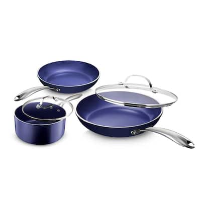 Classic Blue 5-Piece Aluminum Ultra-Durable Non-Stick Diamond Infused Cookware Set with Glass Lids