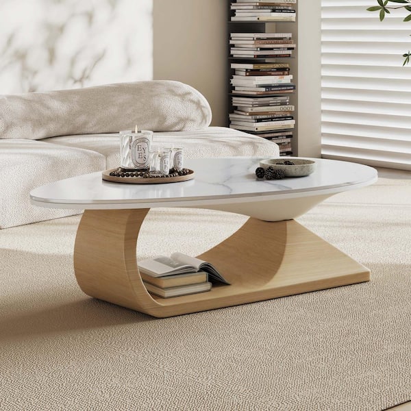 JASIWAY 47.2 in. Burlywood Oval Shape Sintered Stone Top Coffee Table