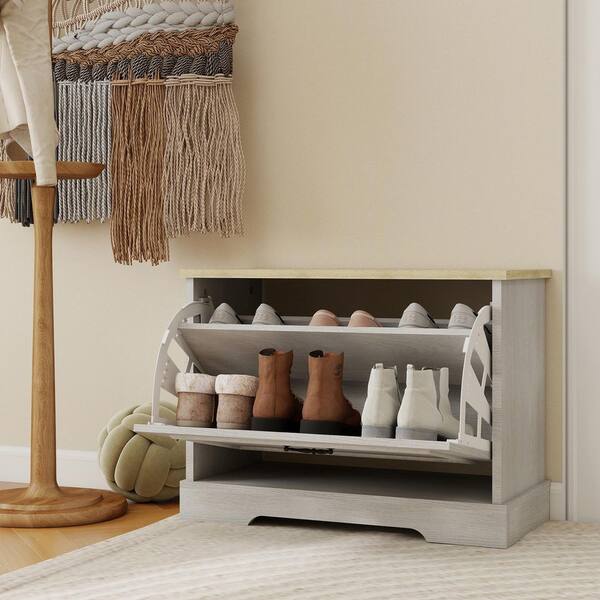 Harlan 17.7 in. H x 23.6 in. W 6-Pair Shoes Antique White Wood Shoe Storage Bench with 1 Flip Drawers