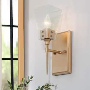 Modern Bell Wall Sconce Light, Loe 1-Light Brass Gold Torch Bathroom Vanity Light with Seeded Glass Shade