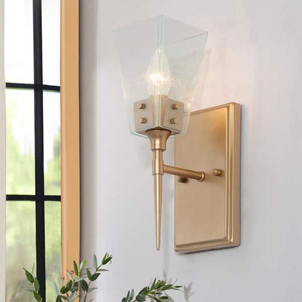 Uolfin Modern Bell Wall Sconce Light, Loe 1-Light Brass Gold Torch Bathroom Vanity Light with Seeded Glass Shade
