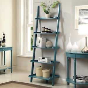 French Country 25 in. W x 72.75 in. H x 15.75 in. D Blue Birch Veneer 5-Tier Bookcase Ladder