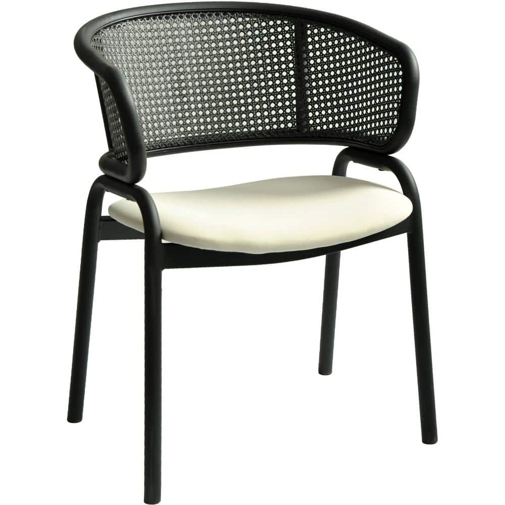 Modern Black Metal and Cane Arm Chair with Beige Upholstered Seat