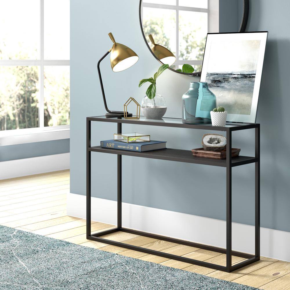 Nellie 42" Blackened Bronze Console Table with Metal Mesh Storage Shelf