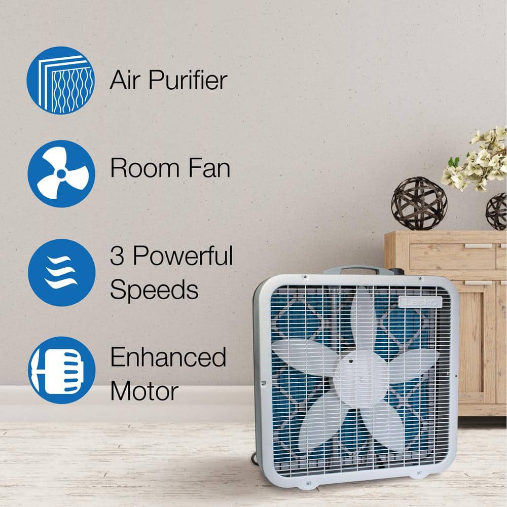 Lasko White Steel 3-Speed Portable Box Fan Air Purifier