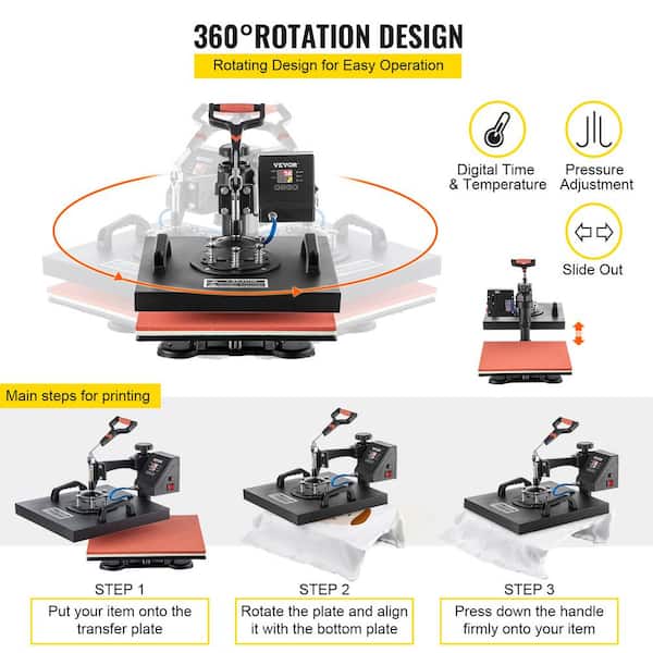 VEVOR Heat Press 15x15, Upgraded Heat Press Machine 5 in 1, Anti-Scald,  Fast-Heating, Swing Away Digital Control Multifunction Heat Press for  Sublimation Combo for T-Shirt Hat Cap Mug Plate