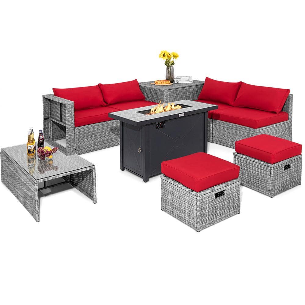 9-Pieces Wicker Patio Conversation Set Outdoor Sectional Sofa Set with 60,000 BTU Fire Pit and Red Cushions -  HONEY JOY, TOPB007295