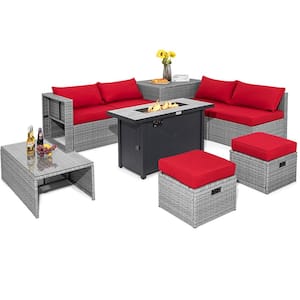 9-Pieces Wicker Patio Conversation Set Outdoor Sectional Sofa Set with 60,000 BTU Fire Pit and Red Cushions