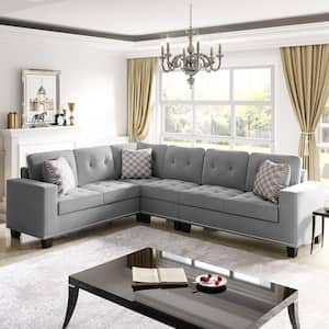 104.7 in. W Gray Square Arm 3-Piece Velvet L-Shaped Left-arm Facing 4 Seats Sectional Sofa