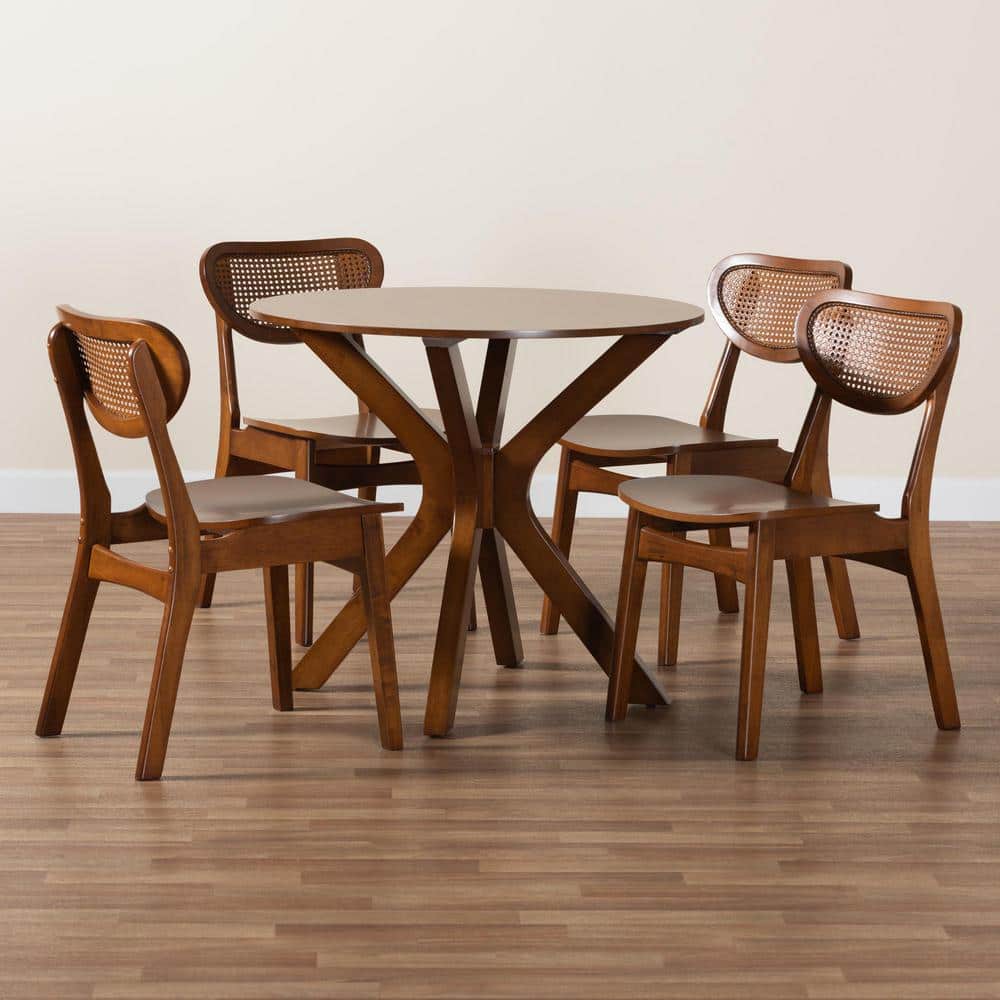 Mid-Century Walnut Brown Wood and Woven Rattan Dining Set