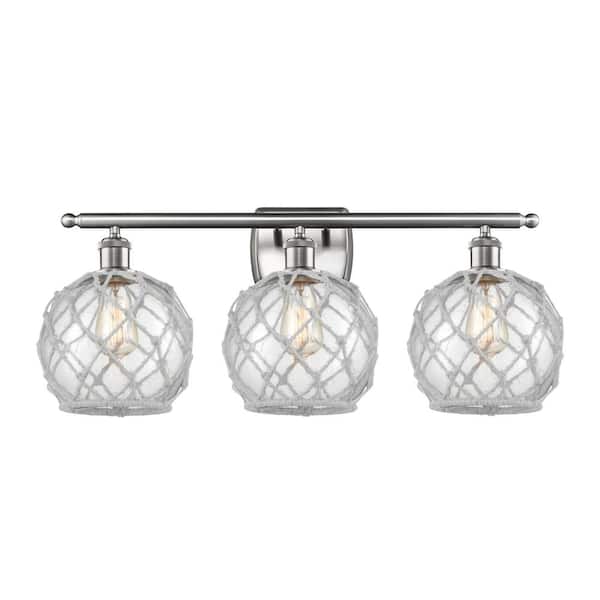 Farmhouse Rope 26 in. 3-Light Clear Glass with White Rope, Brushed Satin Nickel Vanity Light with White Glass Shade