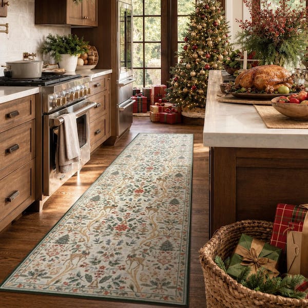 Vintage Christmas Woodland Floral Pattern Non Slip Beige 2 ft. x 8 ft. Living Room/Bedroom Indoor Area Rug