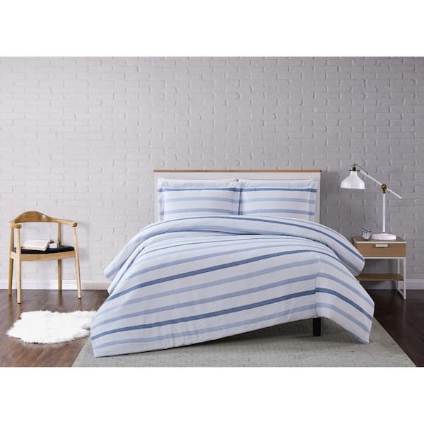 Truly Soft Waffle 3-Piece White/Blue Stripe King Duvet Cover Set