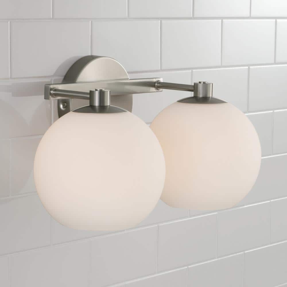 Brushed Nickel 2-Light Vanity with Soft White Glass Shades