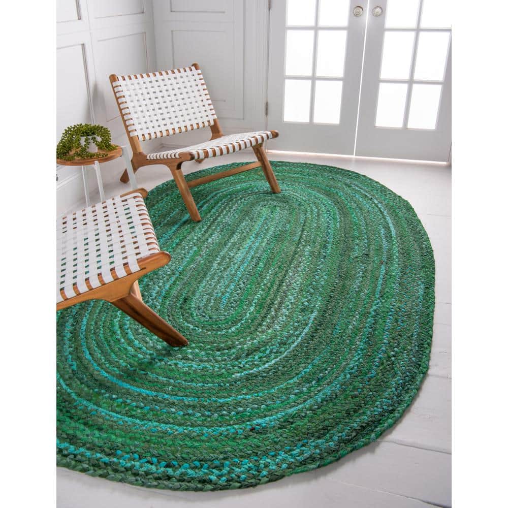 Handmade Eco-Conscious Braided Cotton 3x5 Oval Rug in Green and Turquoise