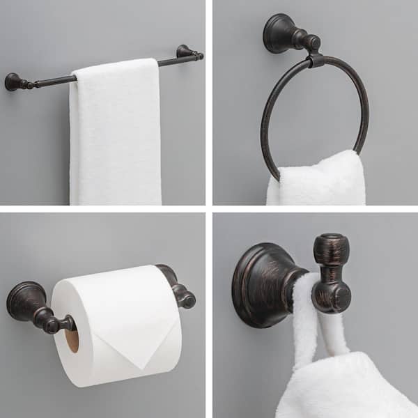 Woodhurst 4-Piece Bathroom Hardware Set 24 in. Towel Bar, Toilet Paper Holder, Ring, Hook in Venetian Bronze