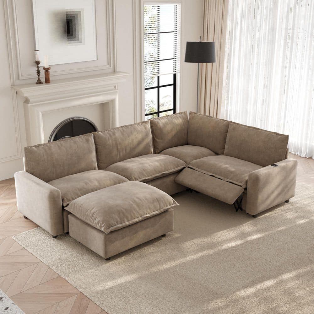 Power Recliner 107 in. Square Arm Khaki Linen 5-Piece L-Shape Modular Sectional Sofa with Ottoman, Heating and USB Ports price history on PriceWatchPro