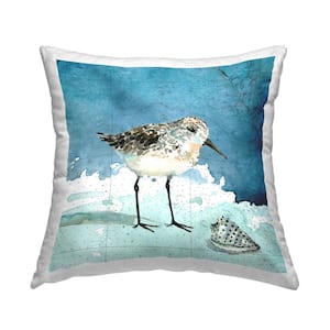 Sandpiper Bird and Shell Blue Print Polyester 18 in. x 18 in. Throw Pillow
