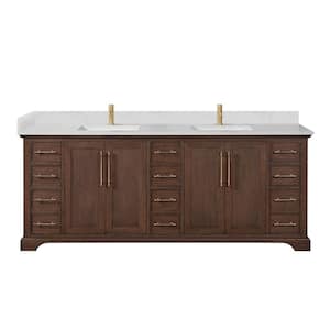 Tokyo 84 in. W. x 22 in. D x 33.9 in. H Double Bath Vanity in Aged Dark Brown Oak with Silk White Quartz Stone Top