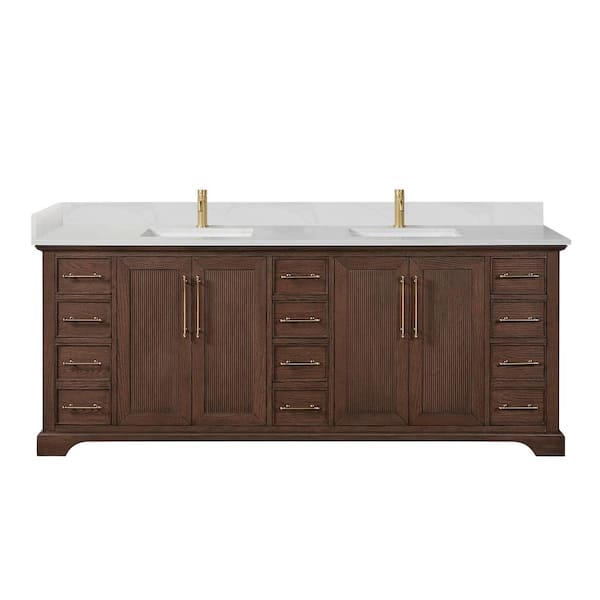 Tokyo 84 in. W. x 22 in. D x 33.9 in. H Double Bath Vanity in Aged Dark Brown Oak with Silk White Quartz Stone Top