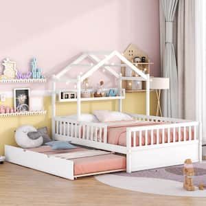White Full Size Wood House Bed with Twin Size Trundle, Guardrail and Storage Shelf