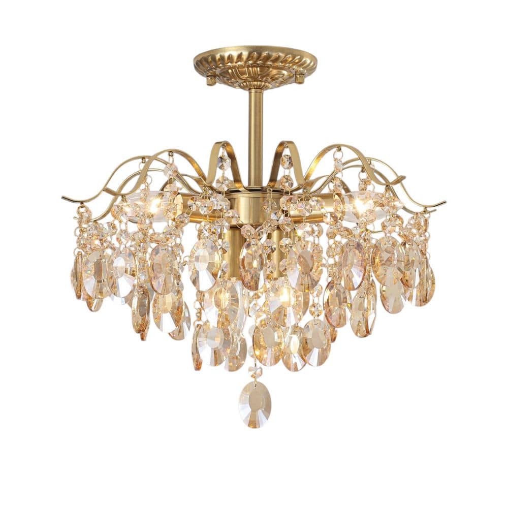 Ariel 16 in. 5-Light Raindrop French Beaded Glam Brushed Brass Amber Crystal Flush Mount Light for Bedroom Foyer price history on PriceWatchPro